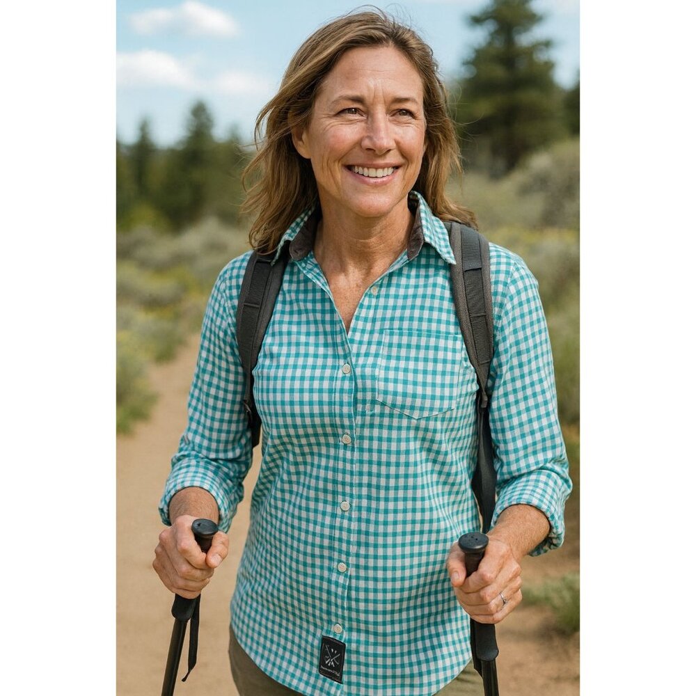 Dollyvarden M Teal White Gingham Button-Up Fishing Outdoor Hiking Shirt Cotton